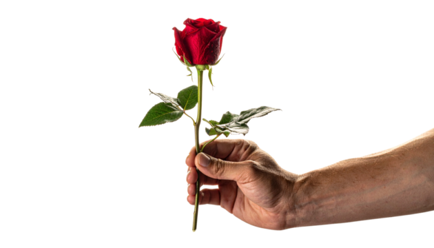  Romantic Gesture Hand Offering Red Rose, Isolated on Transparent Background PNG