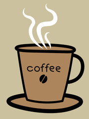 Brown hot coffee cup with steam with a black outline and lettering coffee JPG illustration