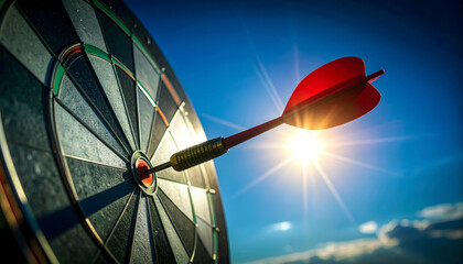 A dart strikes the bullseye on a dartboard under a clear blue sky, representing accuracy, focus, achievement, and the pursuit of goals with determination and skill.