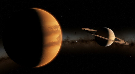 Exoplanetary System: A Stunning View of Mars and Saturn Against the Milky Way Galaxy