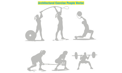 Architectural exercise people vector set featuring male and female silhouettes performing yoga, stretching, and workout poses. Perfect for fitness design, architectural drawings, gym posters.