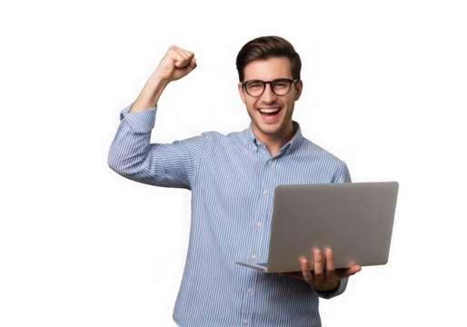 A happy man wearing glasses celebrating holding a laptop isolated on transparent background - Powered by Adobe