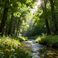 Magical Sunbeams Filter Through the Lush Canopy of a Serene Forest onto a Flowing Stream and Vibrant Wildflowers.