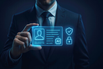 Businessman holding a digital ID card with AI, shield, and lock icons identification identity