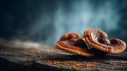 Fresh reishi mushroom on dark wooden surface with moody lighting and textured detail, evoking earthy and medicinal atmosphere