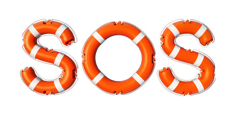 SOS word formed with life buoys on transparent background. 3D illustration