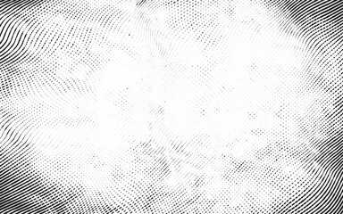 Halftone  vector texture background with wavy, distorted lines and dots. Dynamic black and white retro distressed grunge optical effect.