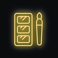 Yellow neon sign of eyeshadow palette and brush glowing on black background