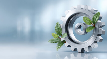 Silver gear with fresh green leaves symbolizing sustainable industry and innovation