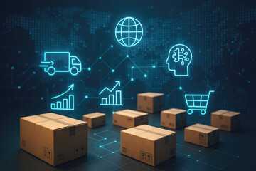 Cardboard boxes and digital logistics icons on dark background shipping delivery