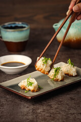 Delicious Steamed Shrimp Dumplings with Soy Sauce and Tea.