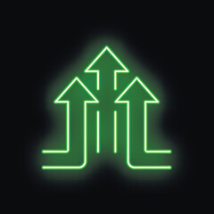 Green neon arrows are pointing upwards on a black background, symbolizing growth, success, and achievement