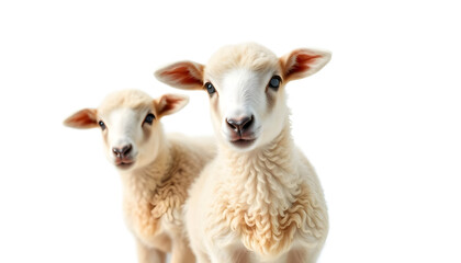 Fototapeta premium Cut out of young sheep isolated on white background looking at camera. No people. Copy space
