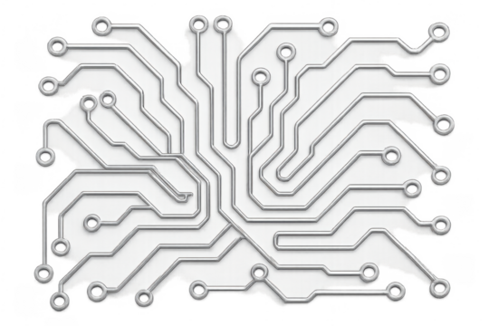 Circuit board design with silver connections on transparent background