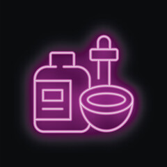 Obraz premium Glowing neon icon of coconut oil production process with bowl and bottle