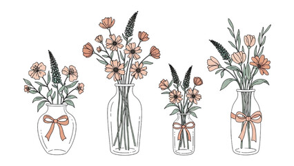 Elegant collection of hand-drawn floral arrangements in decorative glass vases