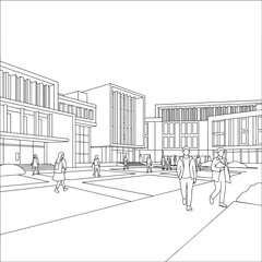 Campus exterior with students walking in contemporary architecture  