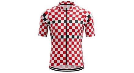 A red and white checkerboard cycling jersey with black accent squares and a full-length front zipper displayed on a white background