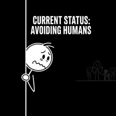 Cartoon character peeking from corner while avoiding humans in dark setting  