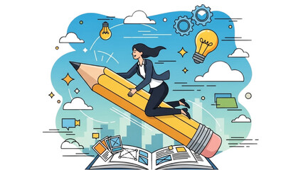Businesswoman flying on a pencil rocket symbolizing creative ideas and startup launch