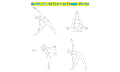 Architectural exercise people vector set featuring men and women performing yoga, stretching, fitness, and sports poses. Ideal for design projects, architectural drawings, gym posters, and wellness. 