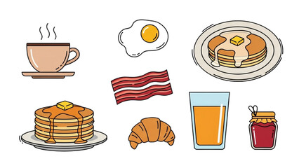 Delicious morning breakfast essentials collection featuring various culinary treats and refreshing beverages