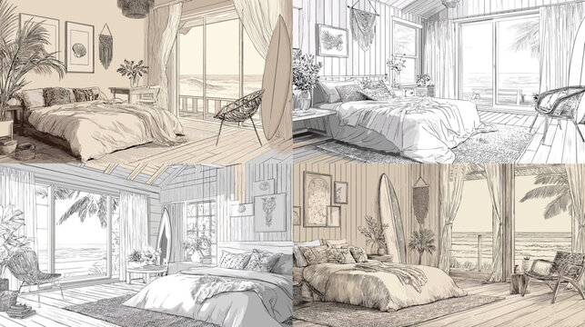 Artistic bedroom interior sketches featuring cozy furniture, plants, and ocean views. Perfect for interior design projects, architecture visualization, or lifestyle illustration.