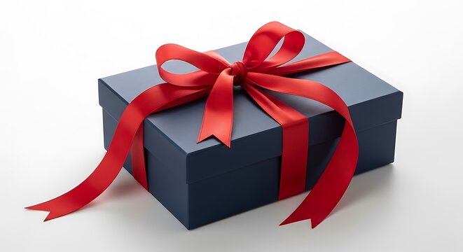 A dark blue gift box with a bright red ribbon tied in a bow sits on a plain white background, ready to be opened and reveal its contents.