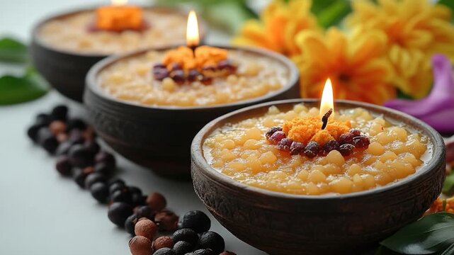 A couple of bowls filled with food placed next to fresh flowers