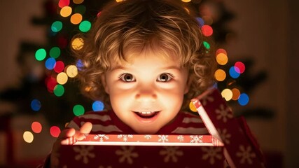 Young child with a look of wonder opening a christmas gift box - Powered by Adobe