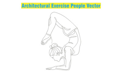 Architectural exercise people vector set featuring men and women performing yoga, stretching, fitness, and sports poses. Ideal for design projects, architectural drawings, gym posters, and wellness. 