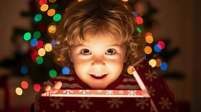 Young child with a look of wonder opening a christmas gift box