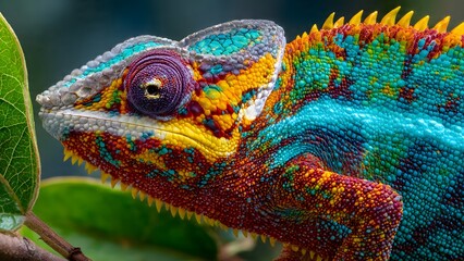 Chameleon's Colorful Portrait: A captivating close-up showcases a chameleon's intricate beauty, its skin displaying a vibrant array of colors.
