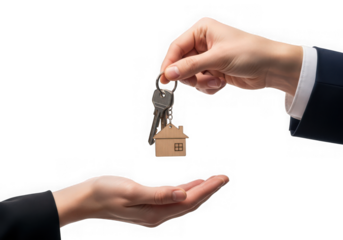 Handing over keys a houseshaped keychain isolated on transparent background