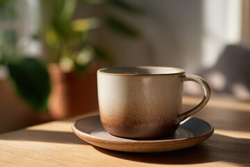 Fototapeta premium Minimalist ceramic coffee cup with saucer, side angle, showcasing warm tones and natural light, perfect for cozy atmosphere