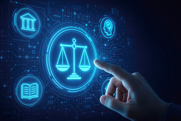 Finger touching glowing scales of justice icon in digital legal network technology