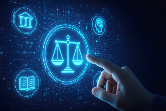 Finger touching glowing scales of justice icon in digital legal network technology