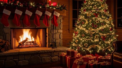 Cozy christmas scene with a decorated tree and fireplace - Powered by Adobe