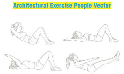 Architectural exercise people vector set featuring men and women performing yoga, stretching, fitness, and sports poses. Ideal for design projects, architectural drawings, gym posters, and wellness. 
