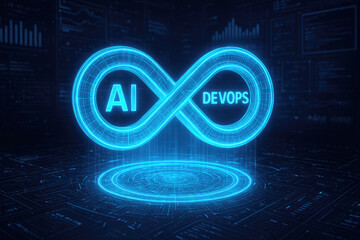 Futuristic AI and Dev Ops infinity symbol glowing blue on a digital circuit board background Artificial Intelligence