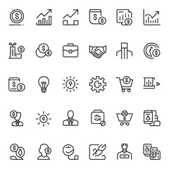 Editable Finance & Business Line Icons, Minimalist Stroke Symbols of Money, Investment, Banking, Planning, Office Tools, Economic Growth, and Corporate Strategy