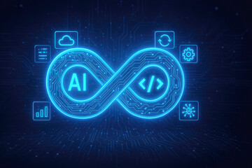 Glowing Blue AI and Coding Symbol in Infinity Loop on Circuit Board Background artificial intelligence