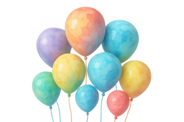 Colorful watercolor balloons floating, creating a festive party or celebration atmosphere with copy space