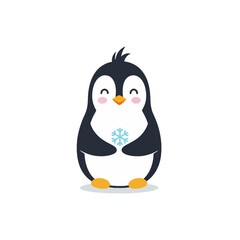 Fototapeta premium Cute cartoon penguin holding a snowflake illustration, perfect for winter and holiday designs