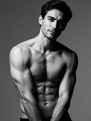 Fototapeta premium A male model stands in a stylish studio, exhibiting a strong and toned physique. The black and white setting enhances the model's features, highlighting his confident pose