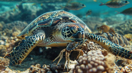 Obraz premium A green sea turtle gracefully glides through the turquoise ocean waters as it snacks on a crab amidst a vibrant coral reef ecosystem teeming with marine life.