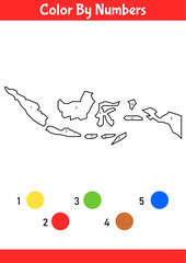 Indonesia map color by numbers worksheet for kids. Fun geography learning activity