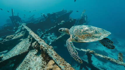 Fototapeta premium A captivating green sea turtle gracefully swims by a historic shipwreck resting on the ocean floor, surrounded by the vibrant blue waters of the sea environment.