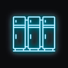 Blue neon icon of lockers glowing on black background