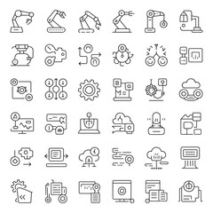 Editable Robotics & AI Technology Line Icons, Minimalist Stroke Symbols of Automation, Machine Learning, Cloud Computing, Data Systems, and Industrial Innovation